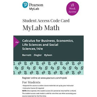 MYLAB MATH W/PEARSON ETEXT-18 WEEK STANDALONE ACCESS CARD -FOR CALCULUS FOR BUSINESS, ECONOMICS, LIFE SCIENCES, AND SOCIAL SCIENCES